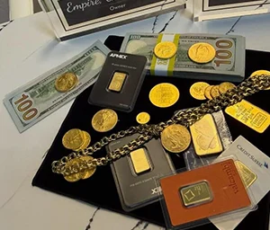 Gold Coins and Bars Displayed with Currency at a Jewellery Store